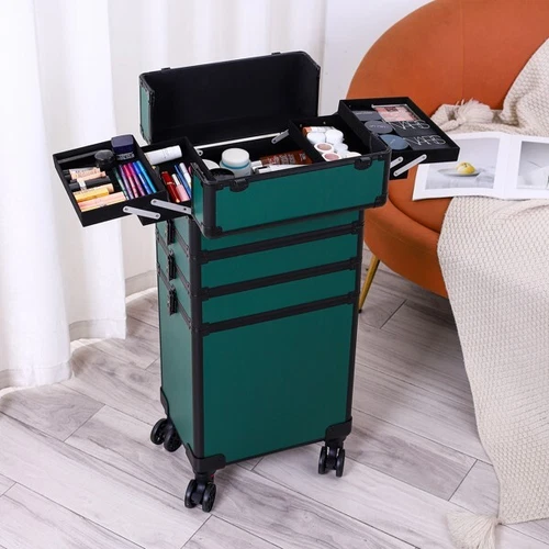 4-in-1Draw-bar Style Interchangeable Aluminum Rolling Makeup Case-Dark Green US - Picture 2 of 12