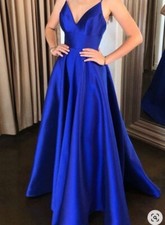 Sherri Hill Spaghetti Strap A-Line Satin Royal Blue Prom Dress w/ Pockets Size 0
