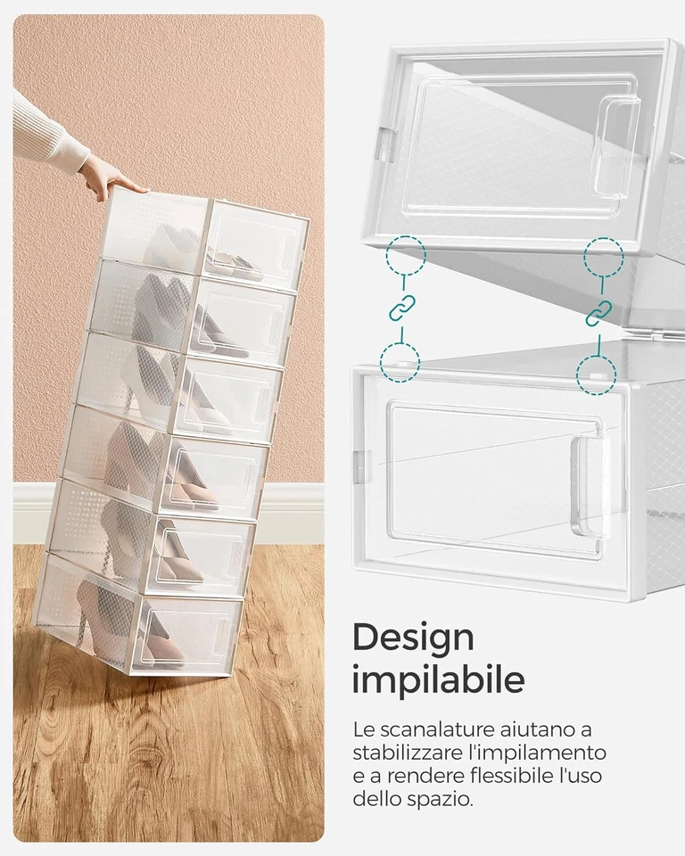 Scatole per Scarpe Da 18 Contenitori Pieghevoli E Impilabili, Fino a Taglia 44 - Immagine 3 di 4