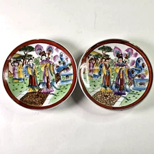 Vintage Geisha Girl Plates Hand Painted Lot of 2 Red Green Blue 4.5in Décor