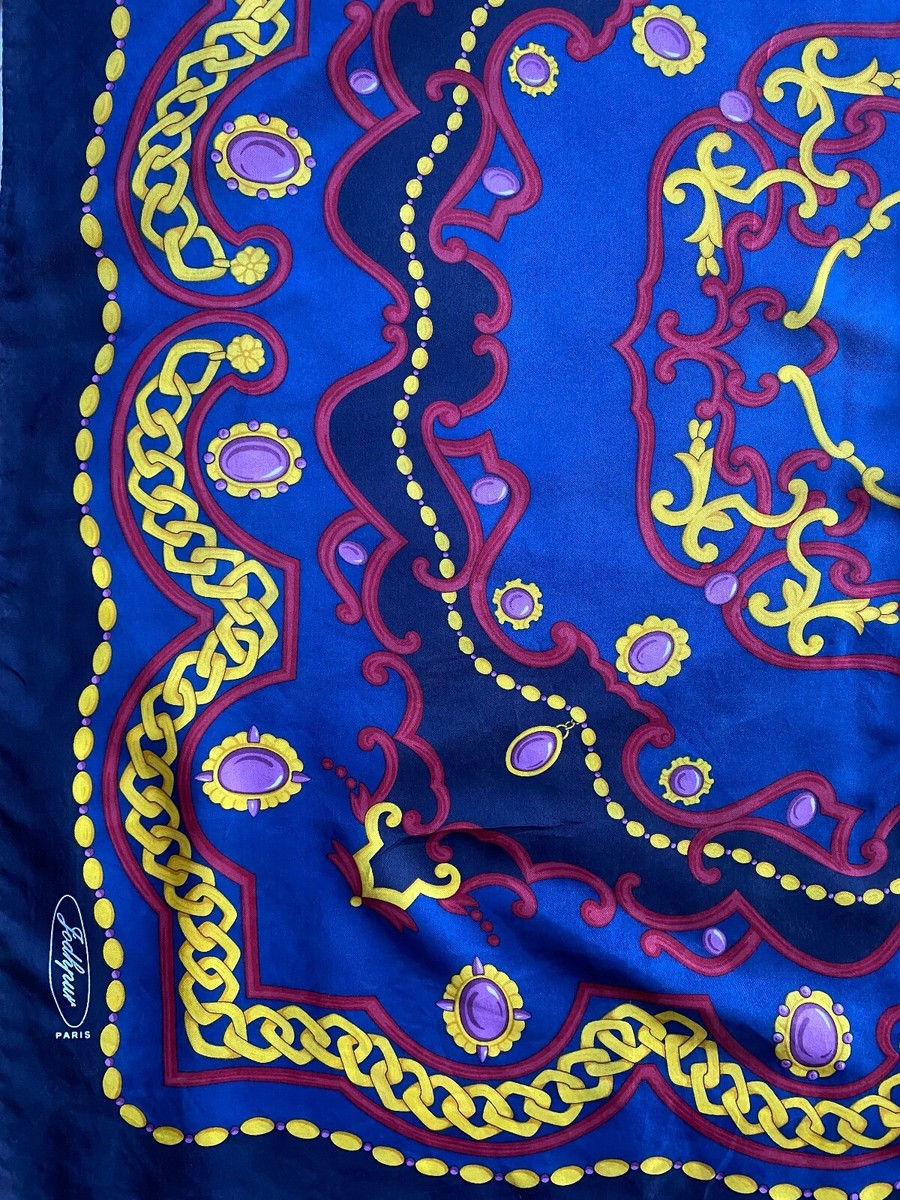 Foulard En Soie Carré Louis Féraud Paris - Vintage - 80x80 Cm - Couleurs Rose Et Bleu - Occasion Très Bon état
