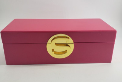 C Wonder Monogram Jewlery Box Hinged Pink Lacquer Wood with Gold Letter S