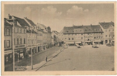 Glauchau, Markt mit Geschäften, alte Ak von Franz Landgraf