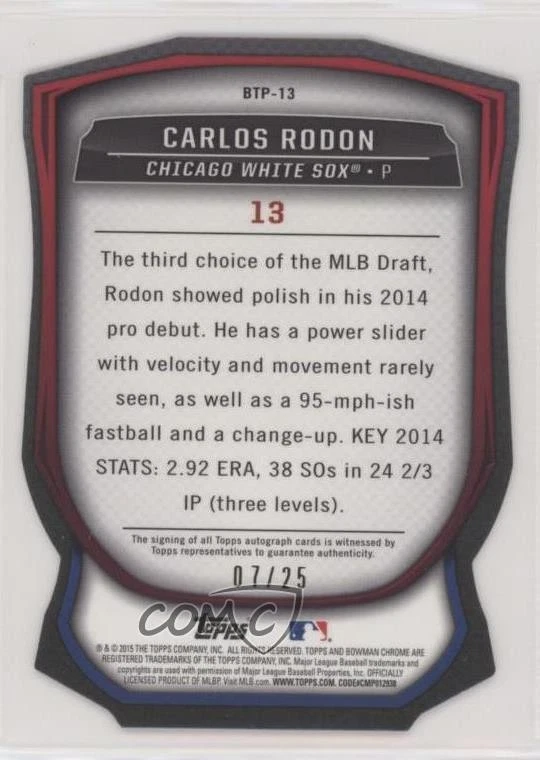 2015 Bowman Scouts' Top 100 Orange Die-Cut /25 Carlos Rodon Rookie Auto RC - Image 2 of 2