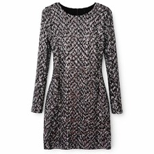 Karen Kane Sequin Sheath Dress M Black Silver Long Sleeve Stretch Lined NWT...