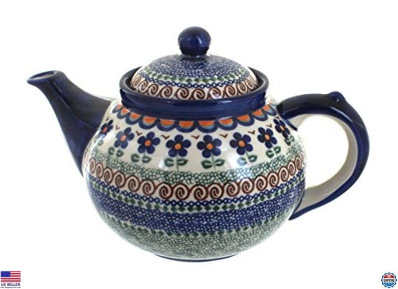 Blue Rose Polish Pottery Teapot - Hand-Painted Aztec Design - 4 Cup Ceramic