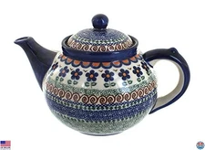Blue Rose Polish Pottery Teapot - Hand-Painted Aztec Design - 4 Cup Ceramic