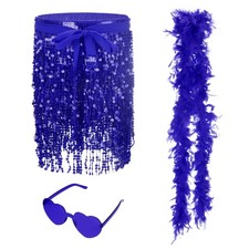 3 Pack Women's Sequin Skirts with Heart Sunglasses & Feather Boa, Dark Blue