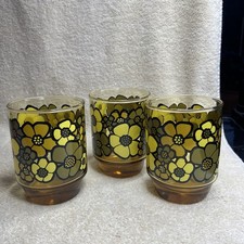 Vtg 3 Libbey Mid Century Mod Flower Power Daisy Amber Tumbler Glasses