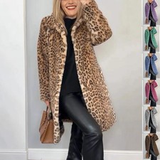 Leopard Print Plush Mid-Length Coat Women's Warm Faux Fur Outerwear For Fall Win
