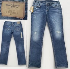 Silver Jeans Berkley Womens 31x32 Blue Denim Straight Leg Stretch Distressed NWT