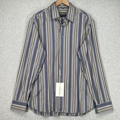Salvatore Ferragamo Shirt Mens XL Blue Striped Long Sleeve Italy Button Up  - Main Image