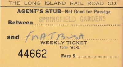 1961 Long Island Railroad Ticket Stub - Springfield Gardens NY-Brooklyn Flatbush