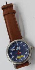 Disney Accutime Quartz Watch Mickey Mouse Silver Brown Strap Large Face used roy