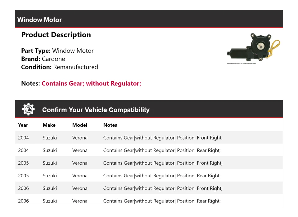 Motor de ventana Cardone 2005 para Suzuki Verona 2004-2006 Foto 2 de 4