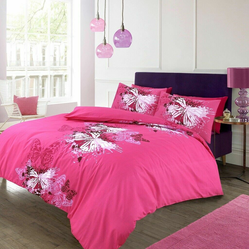 Hot Pink Butterfly Reversible Printed Duvet Cover and Pillowcase