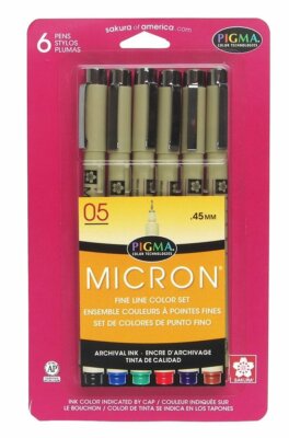 Sakura MICRON Pens 6 pc set .45 mm point fine line (05) #30065 BASIC PIGMA New!