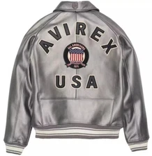 Avirex Men's Icon Pewter Metallic Limited Edition Bomber Real Leather Jacket