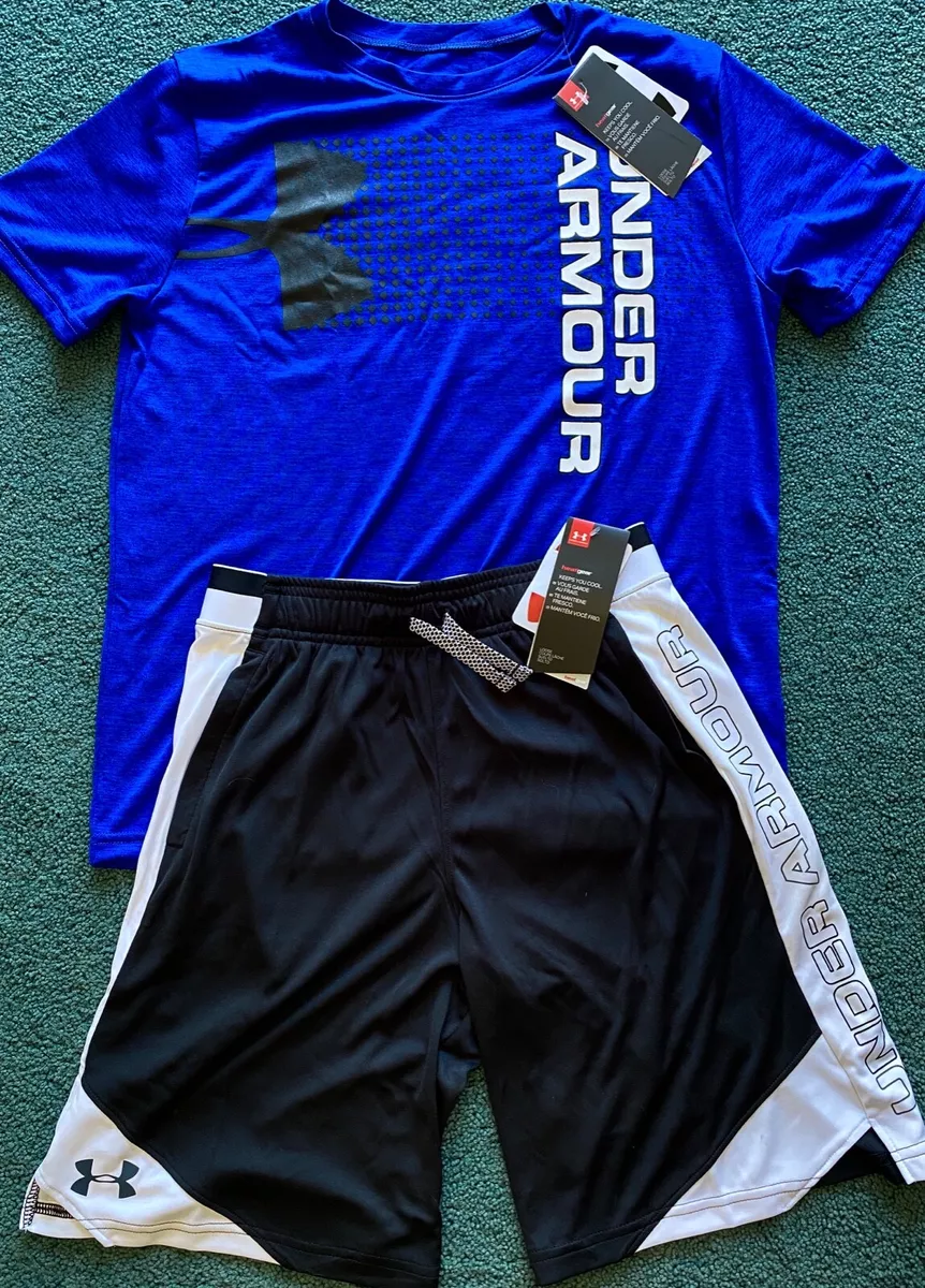 NWT Under Armour L Boys Blue/Black/White Heat Gear Shorts Set YLG