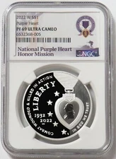 2022 W SILVER PURPLE HEART $1 COMMEMORATIVE PROOF NGC PF 69 UC