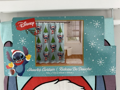 Disney Santa Stitch & Scrump w/ Christmas Tree Fabric Shower Curtain Blue Cotton - Bild 3 von 12