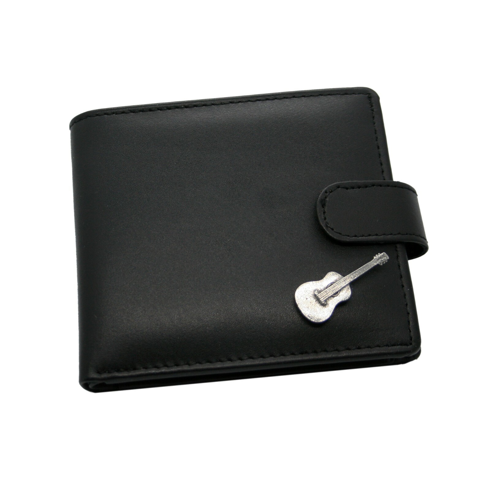 Genuine Black Leather Wallet with an Acoustic Guitar Pewter Emblem