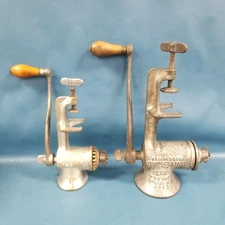 Two Universal Vintage Food Meat Grinders w/Wood Handles #1 + #3 Resellers Decor
