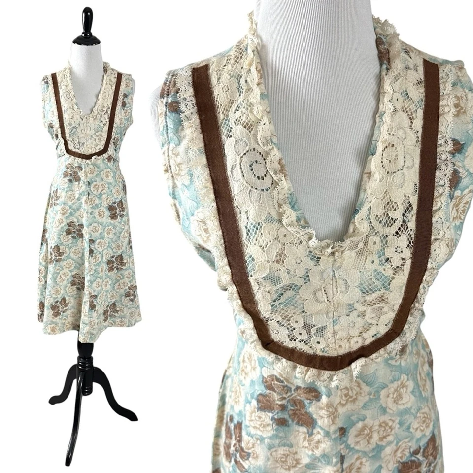 Vestido midi vintage años 60 70 rosas azules country pradera occidental encaje delicado pequeño Foto 2 de 4