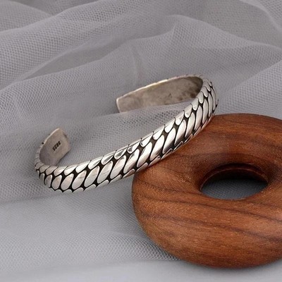 Mens Vintage Open Bangle 925 Sterling Silver Handmade Twisted Cuff Bracelet-USA