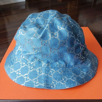 GUCCI Denim Bucket Hat Cap Blue Monogram GG | eBay