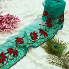 Vintage grüner Sari Bordüre handbestickt 1 Yard Handarbeit Borte Spitze Nähen...