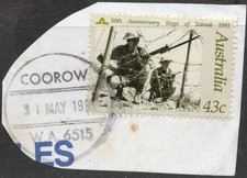 COOROW, WA 6515 complete circular postmark dated 31 MAY 1993 on WWII 43c stamp