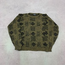 Vintage abstract knitted jumper Patterned Grandad knit sweater Men's L