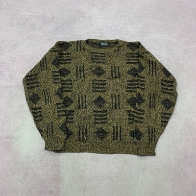 Vintage abstract knitted jumper Patterned Grandad knit sweater Men's L