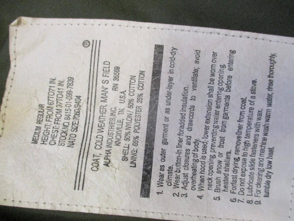 GENUINE alpha industries USA US ARMY M65 COAT COMBAT jacket VIETNAM WAR GREEN mr - Image 2 of 4