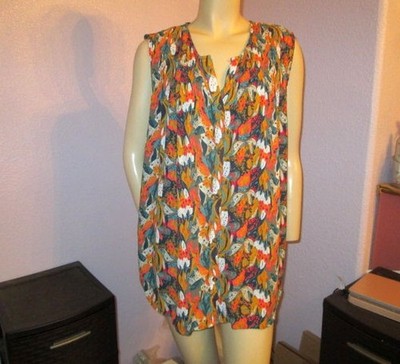 Caffe Marrakesh Button Up Blouse Top Size 2X Sleeveless Smocked Psychedelic Boho