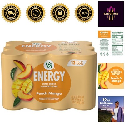 Pack of 12 Peach Mango Energy Drinks - 8 Fl Oz Cans, No Added Sugar, Gluten Free