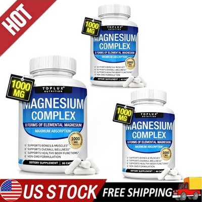 3Pack Toplux Nutrition Magnesium Complex 1000mg Supports 8 Elemental Magnesium