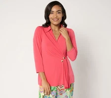 Susan Graver Women's Top Sz M Liquid Knit Faux-Wrap Cascade Sleeve Pink A677174