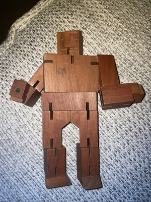 Vtg Cube Wood Block Puzzle Robot Deformation Twist Lock Smile Face Figurine Man