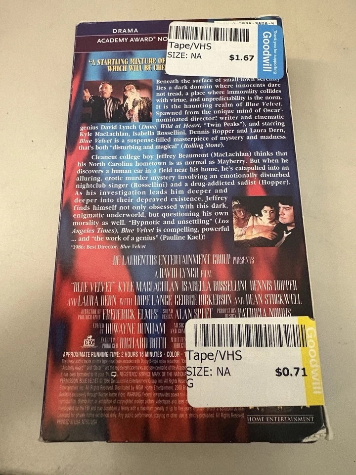Blue Velvet (1986) VHS - David Lynch - MGM Cult Classic Neo-Noir L@@k RARE - Image 2 of 3