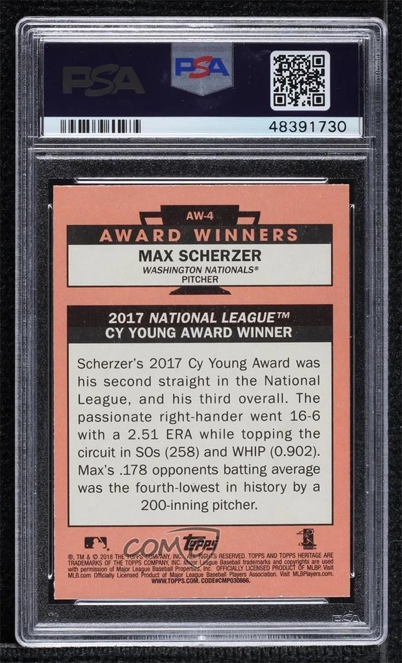 2018 Topps Heritage High Number Award Winners Max Scherzer #AW-4 PSA 10 GEM MT - Image 2 of 2