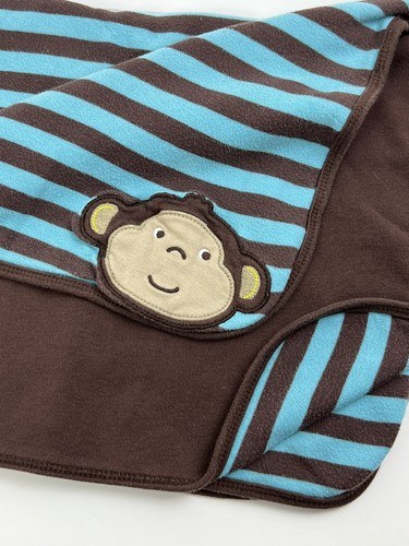 CARTER'S Monkey Baby Blanket Lovey Brown Teal Blue Stripe Cotton - Picture 2 of 5