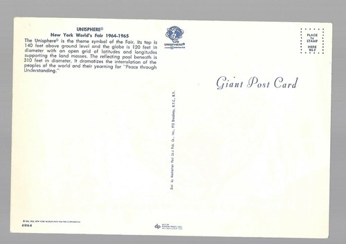 1964-65 NEW YORK WORLD'S FAIR UNI SPHERE- 9X6 POSTCARD UNUSED EX CONDITION - Picture 2 of 2