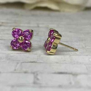 Authentic Women's 1 Ct Pink Sapphire Four Leaf Clover Stud Earrings 14k Yellow Gold Plated