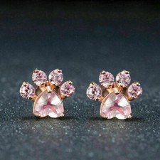 1 Ct Heart Lab Created Pink Sapphire Dog Paw Stud Earring 14K Rose Gold Plated