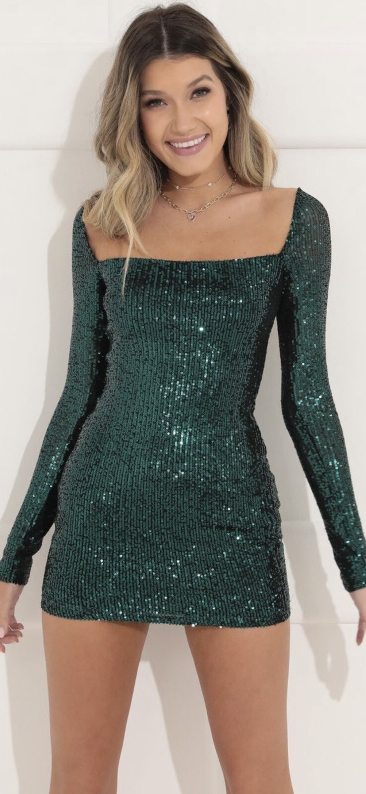 Lucy In The Sky Giulia Square Neck Sequin Green long sleeve-XL-NEW | eBay
