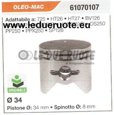 61070107 Complete Piston Oleo Mac 725 HT26 HT27 Original Brushcutter Ø 34