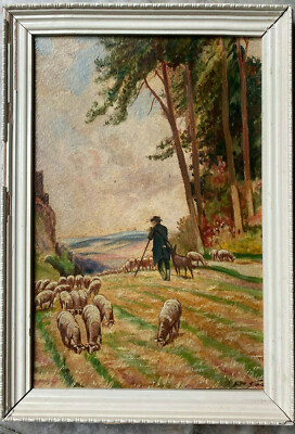 Shepherd with Sheep Herd and Sheepdog Oil Painting Frame Signed Illegible Oil