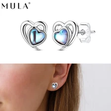 MULA Solid Love Moonlight Stone 925 Sterling Silver Stud Earrings Women Jewelry